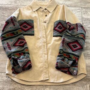 Beige Corduroy Shirt with Patterned Sleeves